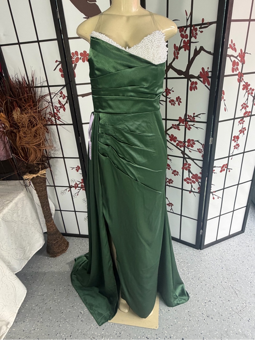 Beaded Emerald Green Satin Prom Gown